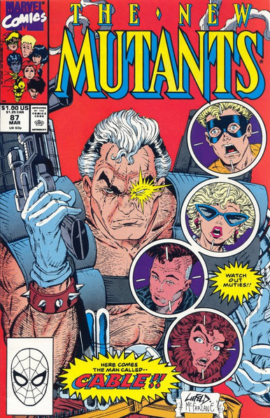The cover of New Mutants 87, showing the then-new character Cable, kind of a hairy Bea Arthur with a gun and weird vest that's made of shoulderpads, with four of the regular characters overlaid, in circular crosshairs