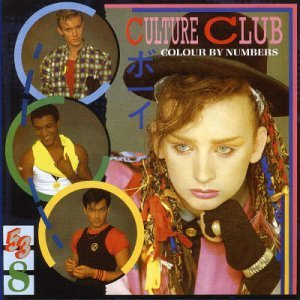 The Culture Club album cover for Colour By Numbers, featuring then-new star Boy George, overlaid with circles showing the faces of the rest of the band. The layout is essentially the same as the comic.