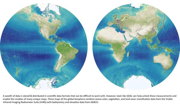 maps made via GDAL - maps of the global biosphere combine ocean color, vegetation, and land cover classification data from the Visible Infrared Imaging Radiometer Suite (VIIRS) with bathymetry and elevation data from GEBCO.