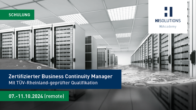 Abbildung eines Serverraums, der zur Hälfte unter Wasser steht
Dazu Titel und Zeitangaben einer Schulung zum BCM Manager