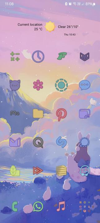 The OneUI6 homescreen for my "normal" mode, with custom pastel icons and no app labels. It contains all my apps, including apps like FluffyChat, Apple Music, Pinterest, Fennec, Signal, etc.