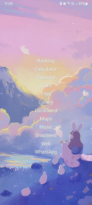 The mLauncher homescreen for my "minimal" mode. It has most, if not all of my most needed apps, 16 in total: 12 on the HS, and four (Phone, Camera, Quillpad, and Breezy Weather) apps assigned to gestures.