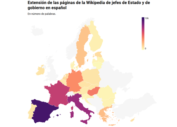 Mapa del Grand Continent con la extensión de las páginas de la Wikipedia de jefes de Estado y de gobierno en español, en número de palabras. Macron y el Perro dominan, Scholz queda lejos, pero las paginas de Nehammer y Schoof son brevisimas.