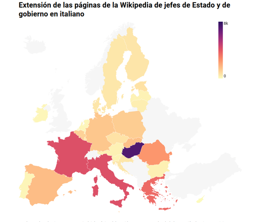 Mapa del Grand Continent con la extensión de las páginas de la Wikipedia de jefes de Estado y de gobierno en italiano, en número de palabras. Macron y el Perro dominan, Scholz queda lejos, pero las paginas de Nehammer y Schoof son brevisimas, aunque los italianos se interesan mucho mas a la Europa central y oriental.