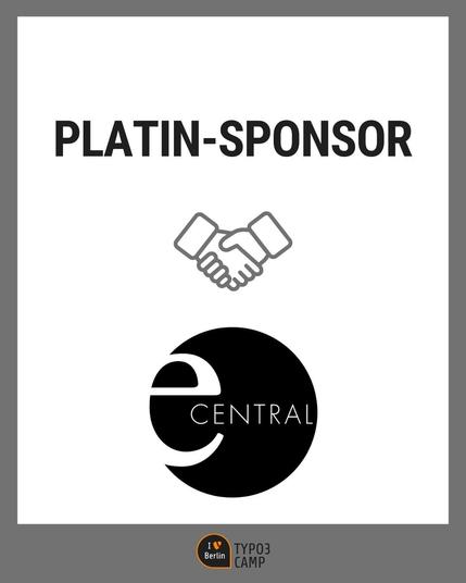 Logo der Firma eCentral mit der Überschrift "Platin-Sponsor" und "Handschlag"-Icon