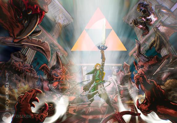 An illustration featuring Link, from Legend of Zelda holding the master sword in the air after pulling it from the altar. The hookshot chain is wrapped around him dramatically. He is surrounded by dark, monstrous figures and ruins. The Triforce is in the background, illuminating the scene.