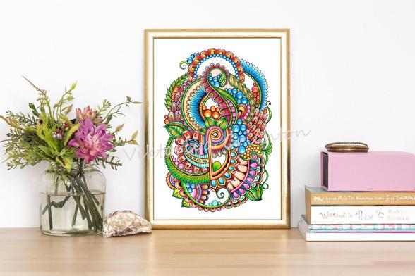 Magic zenart flowers (zendoodle)_32. Abstract drawing in zenart style for home interior, modern art.