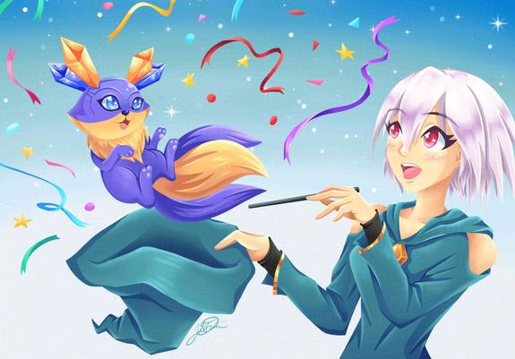 commission digital art featuring their original character and her mascot partner