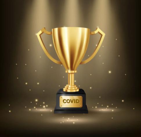 A drawing of a golden trophy with the word COVID surrounded by shimmering specks of light