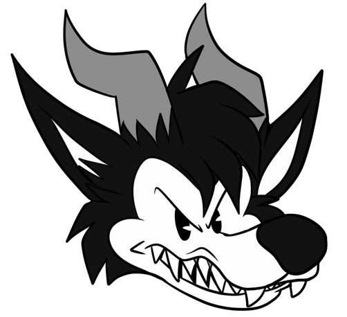 Inkblot style cartoon character with horns and pointy ears and sharp teeth, growling.