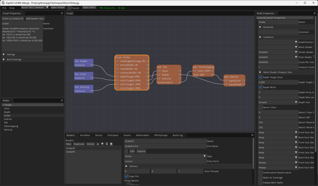 A node graph editor showing a technique made in Gigi, made up of a few resource nodes, a draw call and several subgraph nodes, which are each their own graph internally.