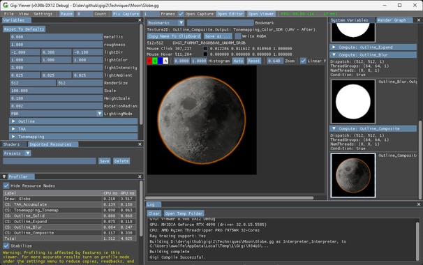 The Gigi viewer showing a technique being run. The steps of the technique can be seen visually in the panel on the right, a single image is viewed more directly in a center panel, technique parameters are shown on the upper left, and the profiling information is shown in the lower left.