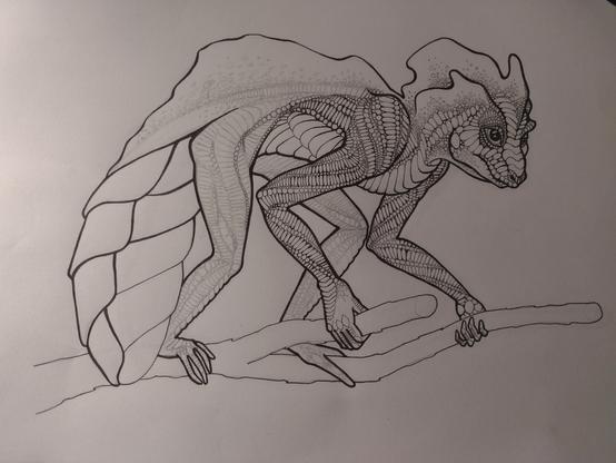 The same art I've been posting of a lizard-like creature wrapped over the skeleton of a monkey, except now it is in the mid-inking phase. Many tiny little scales are being drawn by hand and it is tedious.