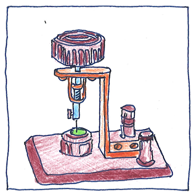 Drawing of an electrolytic detector: a wire of platinum is lowered into a small cup of electrolytic solution using a screw on a bracket to adjust the level of immersion.