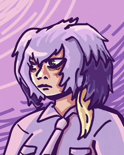 A sketchy portrait of Shoebill from Kemono friends, with strong colors and very messy lines, her face slightly more detailed than the rest of the portrait, she's a girl with stylized short purple-grey hair like two floppy ears coming down both sides of her face, one lock of blonde hair tied down on one side, with light skin and deep eye bags, her face slightly blushing or maybe dirty with a few red lines in pen, the rest of the drawing in marker.