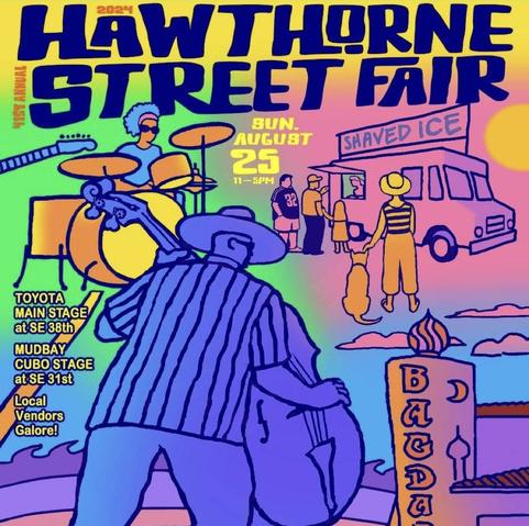 Hawthorne Street Fair flyer with vivid illustration in pinks, lavenders and blues of musicians and people and food trucks