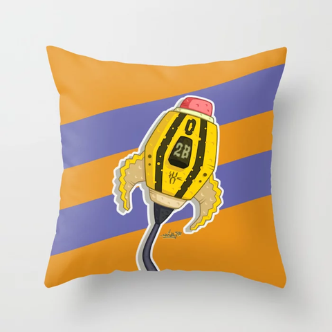 A pillow with an illustration of A spaceship graffiti, an 0 inspired from 0 2B Pencil