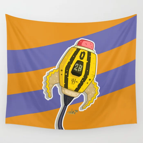 A wall tapestry with an illustration of A spaceship graffiti, an 0 inspired from 0 2B Pencil