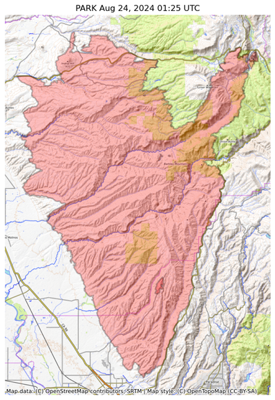 Visual map representation of the PARK wildfire, showing the perimeters of the 429559.6418312971 acre fire on a map.