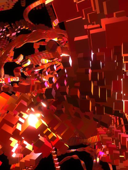Abstract digital artwork, a complex 3d view of a multitude of red cubes illuminated by highlights of golden light