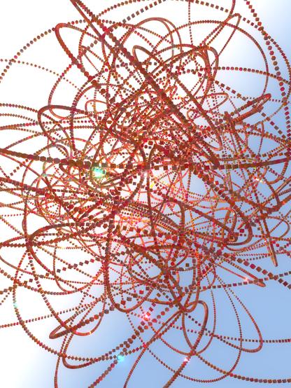 Abstract digital artwork, a complex 3d view of a multitude of small red-brownish cubes arranged in convoluted strings that seem to orbit a common center