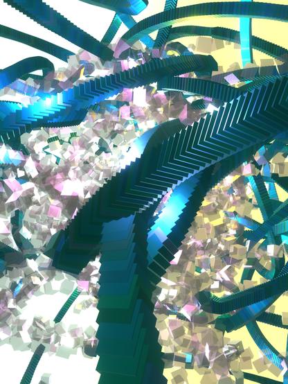 Abstract digital artwork, a complex 3d view of a multitude of multicoloured rectangular elements, partly arranged in streaks or strings crossing the canvas