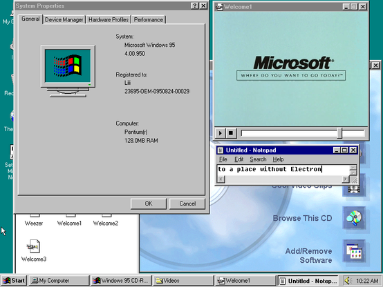 Windows 95 screenshot. System Properties have a key 23695-OEM-0950824-00029 since 24th August 1995 was 29 years ago and it was 236th day of 1995. One of the videos from 95 CD is shown with the slogan "Where do you want to go today?". In Notepad, I reply to that: "to a place without Electron".
