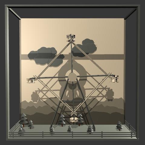 Sepia-toned generative artwork of a 3d ferris wheel in a diorama frame, some pine trees next to it, devoid of people.