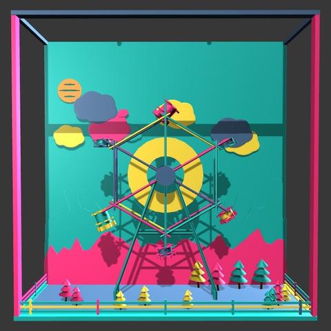 Candy-coloured generative artwork of a 3d ferris wheel in a diorama frame, some colourful pine trees next to it, devoid of people.