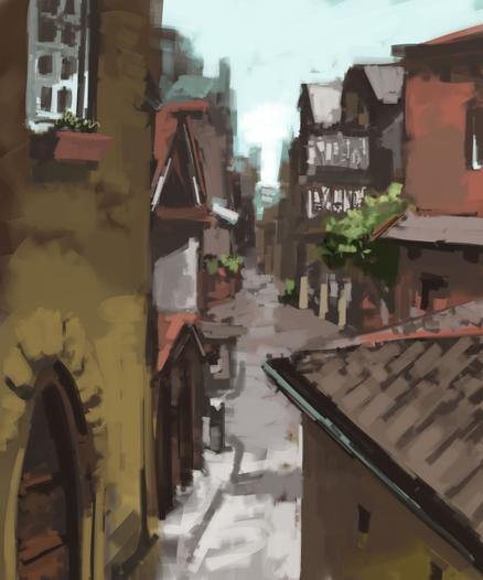 Digital painting of narrow medieval street heading downhill