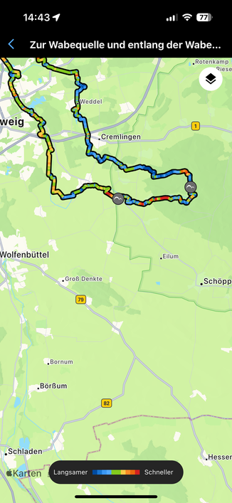 Karte der Tour. Vom Norden Braunschweigs nach Südosten in den Süden Elm, dann nach Westen und Norden zurück