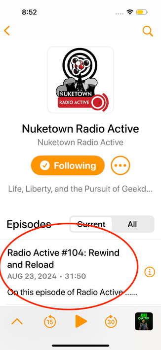 A screenshot of a podcast client showing episode 104 of the Nuketown Radio Active Podcast.