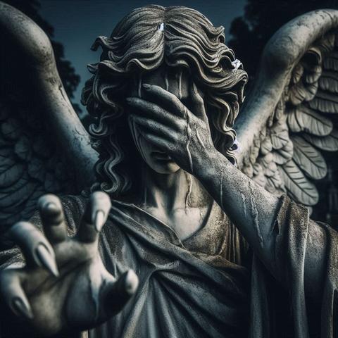 Eine Engelsstatue. Eine Hand vor den Augen, die andere mit spitzen Fingernägeln wie Krallen ausgestreckt, als wenn sie nach jemand greifen will.