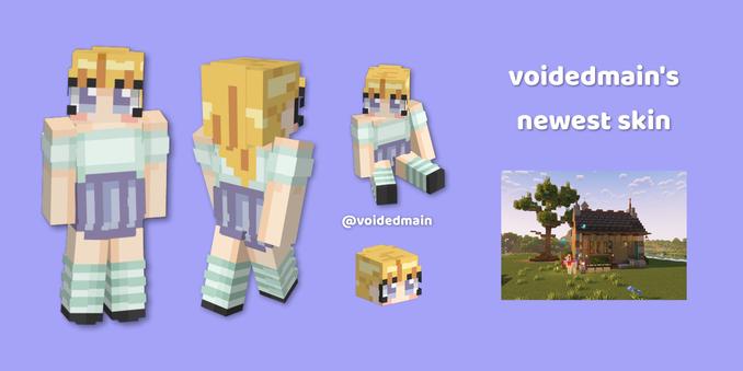 voidedmain's skin for Minecraft, a the character has blonde hair and a light blue outfit, displayed from different angles. Next to the character is an image of a voidedmain's starter house and a tree on one of the server they play on.