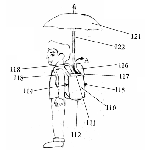 Patent drawing of a cartoonish man with an umbrella coming out of his backpack.