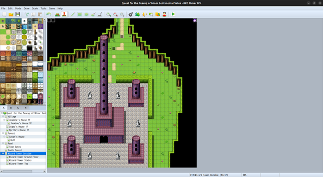 A screenshot of the RPG Maker MV game editor screen. Currently open is a map of a large, magical-looking building with a very tall tower in the centre and smaller towers at each of the four corners. Mysterious statues stand around it in a circle, facing inwards.