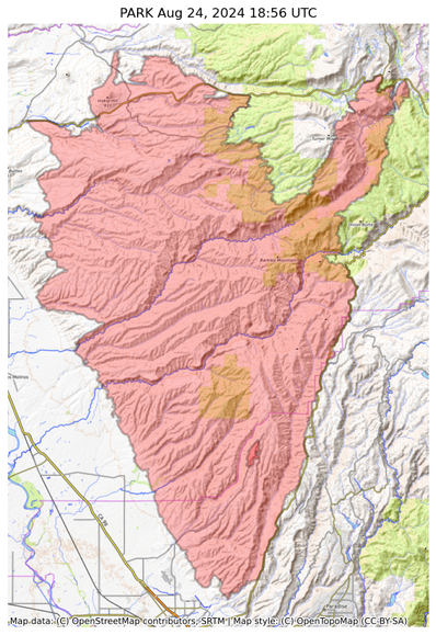 Visual map representation of the PARK wildfire, showing the perimeters of the 429602.8509153725 acre fire on a map.