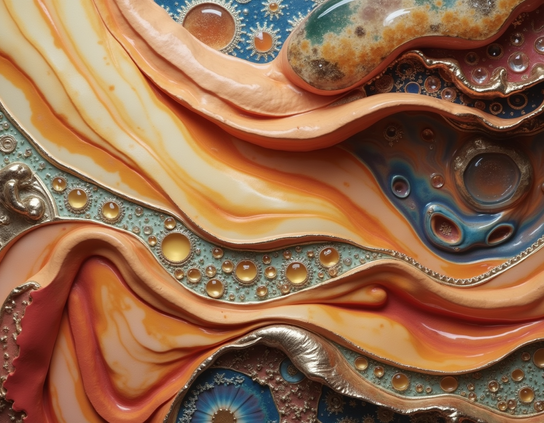 Flowing mixed media style design with teal, orange, and gold tones, liquid textures, and cosmic patterns, evoking a stylized stellar nursery. Abstract.
