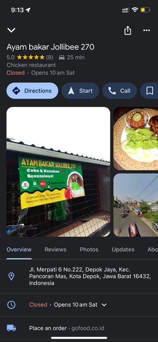 Google Maps screenshot of a grilled chicken warung in Depok, West Java called Jollibee 270