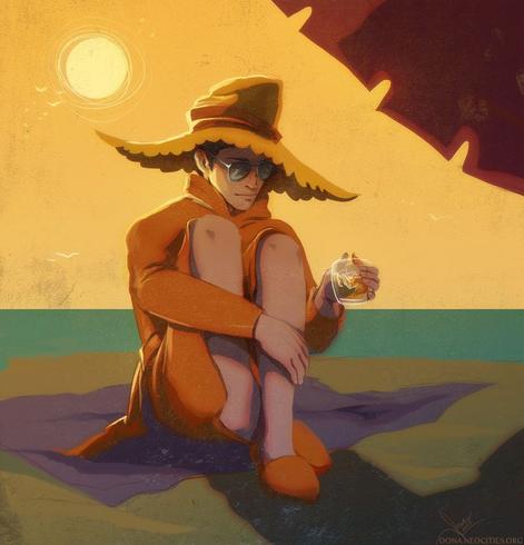 Frogwares Sherlock Holmes hiding from the sun on a beach. He is dressed up like Bugs Bunny in that one pool episode - aviators, orange dressing gown, slippers, and a massive floppy straw hat. He's holding a glass of iced Godfather cocktail.