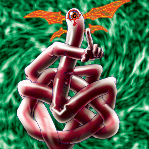 Card illustration for "Kiseitai," a card in the Yu-Gi-Oh TCG.

A creature resembling an intestinal worm with orange demon wings, a single large eye on one end and a disturbingly human looking hand at the other end of its long, knotted, sausage body with a green vortex background. 

I couldn't find the name of the illustrator. If you know please send a postcard by carrier pigeon to the usual address. (Pigeons will not be returned)

©2020 Studio Dice/SHUEISHA, TV TOKYO, KONAMI