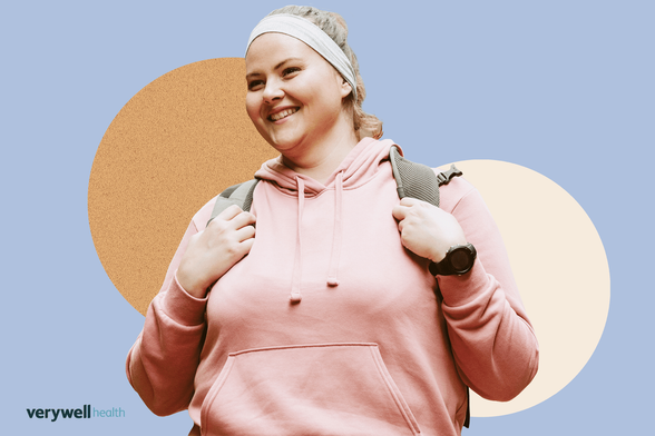 photo of large smiling white woman wearing a backpack