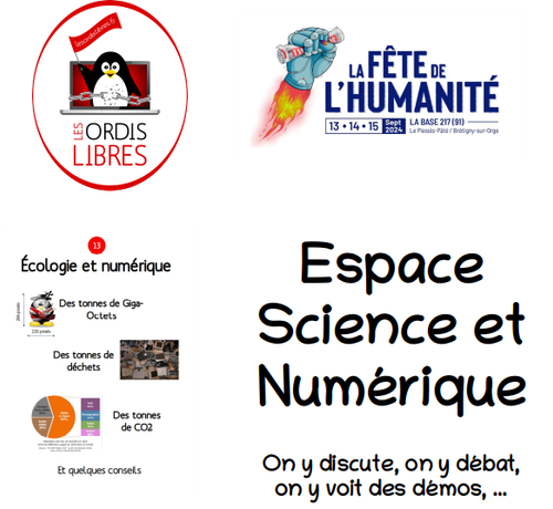 Fête de l’Humanité 2024, Espace science et numérique, Exposition de l’association Les Ordis Libres.
Un panneau sur l’écologie et le numérique.