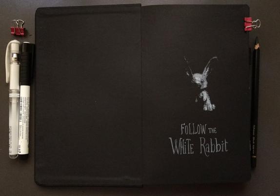 The first page, a rabbit depicted in contrasted shadows looking at the camera. Title: Follow the White Rabbit.