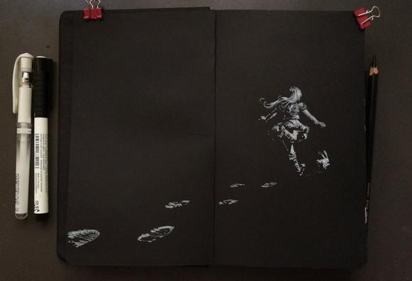 Second page: Alice, backview, running after the white rabbit.