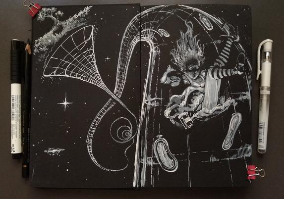 Third double page, Alice falling in the rabbit hole (with symbolism of wormholes in wireframe and melted clocks)