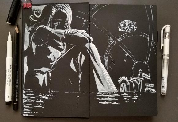Fourth double page, Alice in the hall after she grew too much and started to cry. The glass table with the potion "drink me" and the cake "eat me" (and the key) floats. A tiny door is visible also.