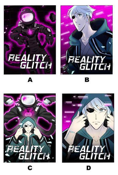 Four cover drafts for the manga "Reality Glitch". The colors are mainly black, magenta and petrol. Each draft shows a character from the manga.