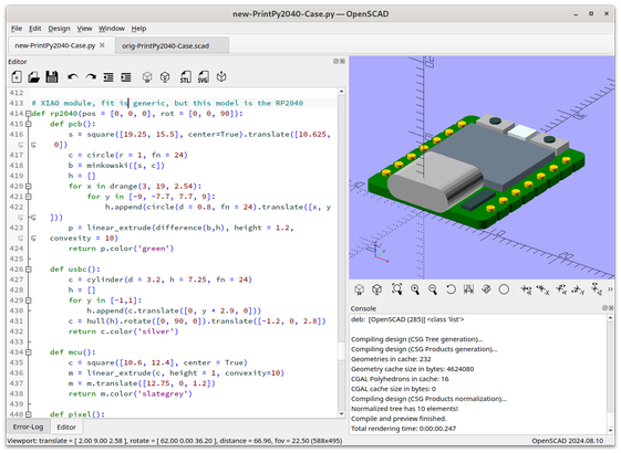 The OpenSCAD UI (an appimage with experimental pythonSCAD features enabled).
Running a `.py` pythonSCAD source module that renders a small MCU devboard for inclusion into a larger model.