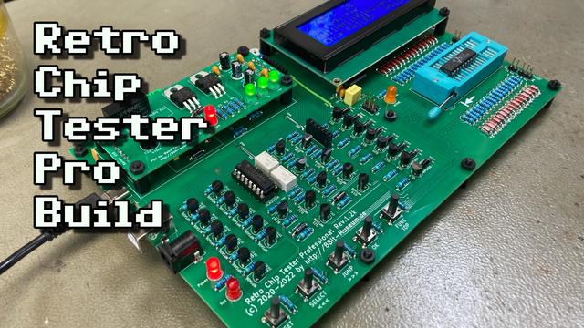 Thumbnail for my video. A fully assembled Retro Chip Tester Pro running on my workbench. The overlayed text reads "Retro Chip Tester Pro Build".